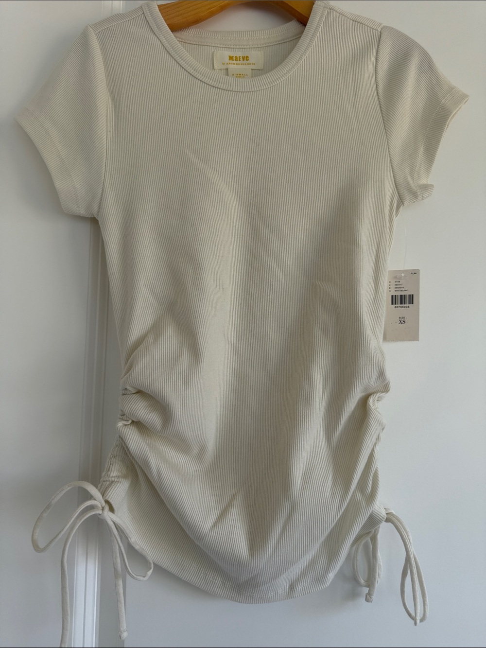 Maeve Cream Ribbed Side-Tie drawstring Short SleeveXS NWT